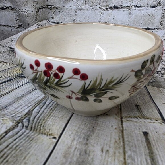 Home Holiday Pine Cone Bowl Red Green Brown on Cream 5.5" - Picture 5 of 6